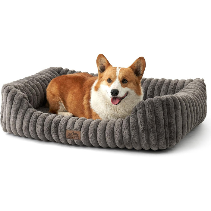 Ортопедичне собаче ліжко COZY KISS, м'яке штучне хутро, для собак маленьких та середніх порід, з високим бортиком, 76x58x18 см (сірий, 89x64x20 см)