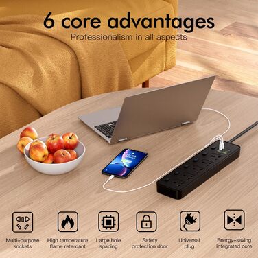 Мережевий фільтр Steckdose Universal з індивідуальними вимикачами, 5 розеток, 3250W, кабель 1.8м, 4 x USB-C 20W та 2 x USB-A, мережева стрічка