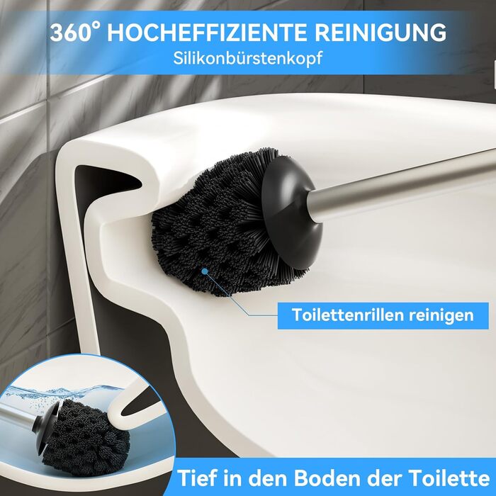 Торцева щітка для унітазу з нержавіючої сталі 304, довговічна та надійна, сучасний дизайн, змінний насадок, ідеальна для дому, офісу, готелю та квартири (геованізоване срібло), щітка з щетиною
