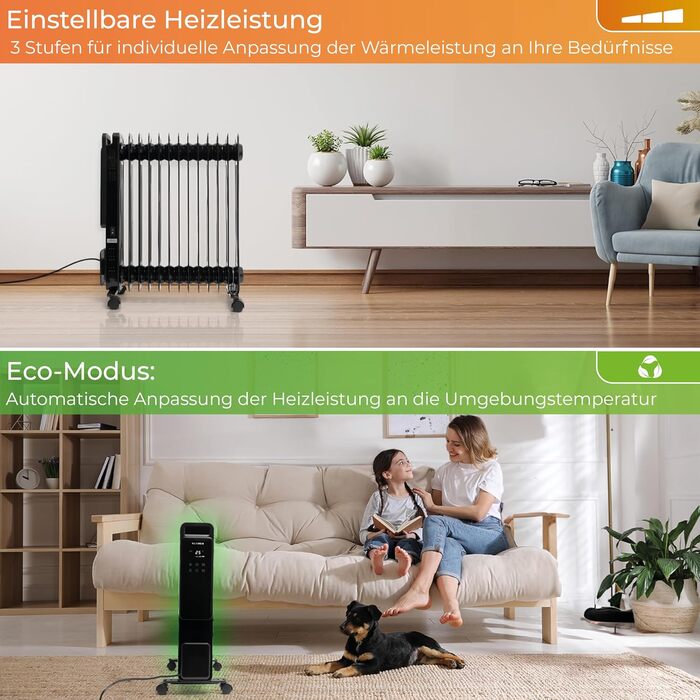 KLAMER Oil Radiator 2500 W, Electric Heater Energy-Saving, 13 Fins, 3 Heating Levels with Eco Mode, 24h Timer, Thermostat, Overheat & Tip-Over Protection, with Remote Control, for Indoor Use, Black