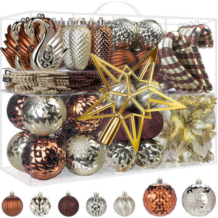 Набір прикрас для ялинки Alupssuc 128 шт. - ялинкові кулі, квіти, орнаменти, червоно-золотий (шампань, коричневий)
