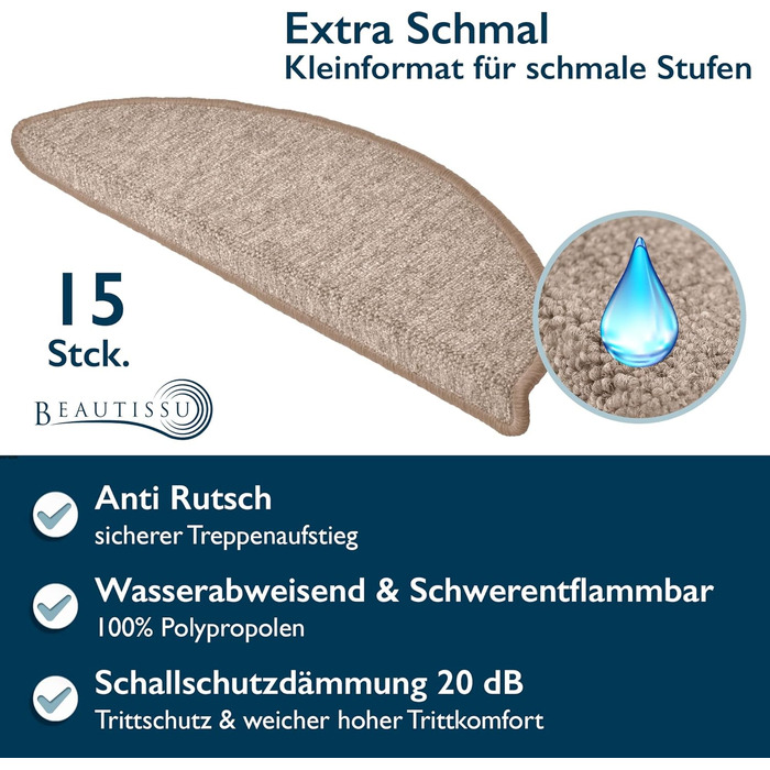 Килимок на сходи Beautissu ProStair – 15 шт. (55x15 см) – пісочний колір. Самоклеючі килимки на сходи для дому.