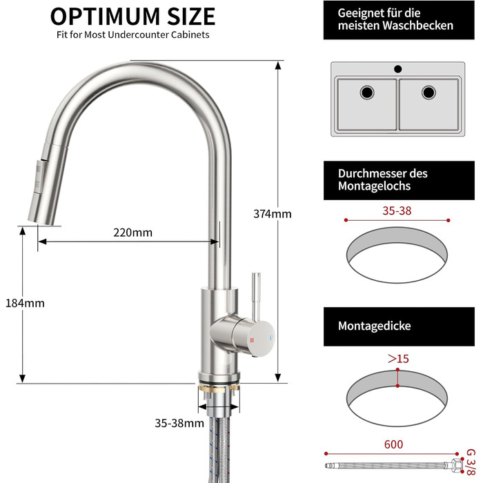 Кран кухонний Rainsworth з висувною лійкою та душем, 360° поворот, нержавіюча сталь, висота 56 см
