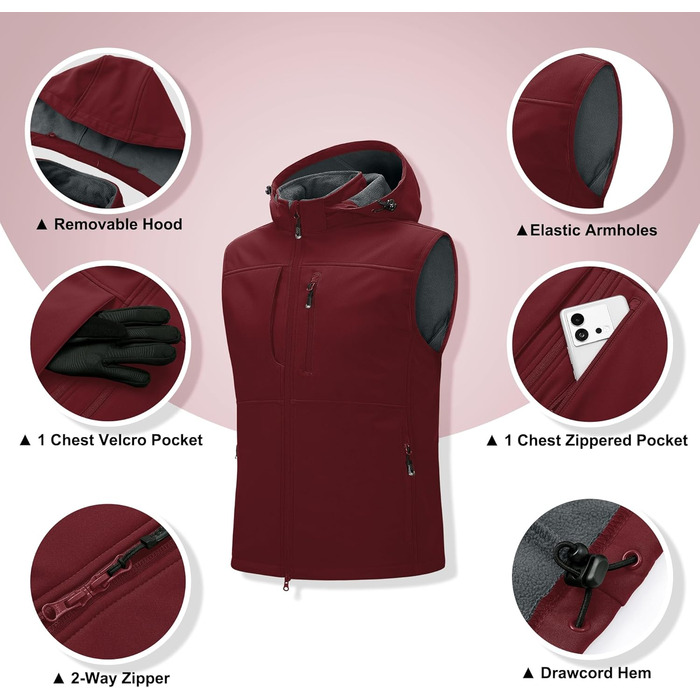 Чоловіча тепла жилетка-софшелл Weste 3XL, темно-червона, водонепроникна, з капюшоном, на блискавці