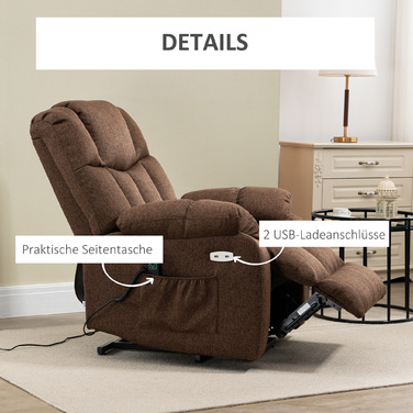 HOMCOM Electric TV Recliner with Lift Assist, Recliner with Remote Control, Power Cord, 58W, Brown, Steel, Polyester, 92 x 95 x 107 cm | Aosom