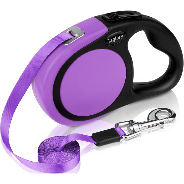 Висувна поводок для собак Taglory, 5м, для середніх та великих собак до 45кг, з надійною системою гальмування та антиковзним руків'ям (фіолетовий)