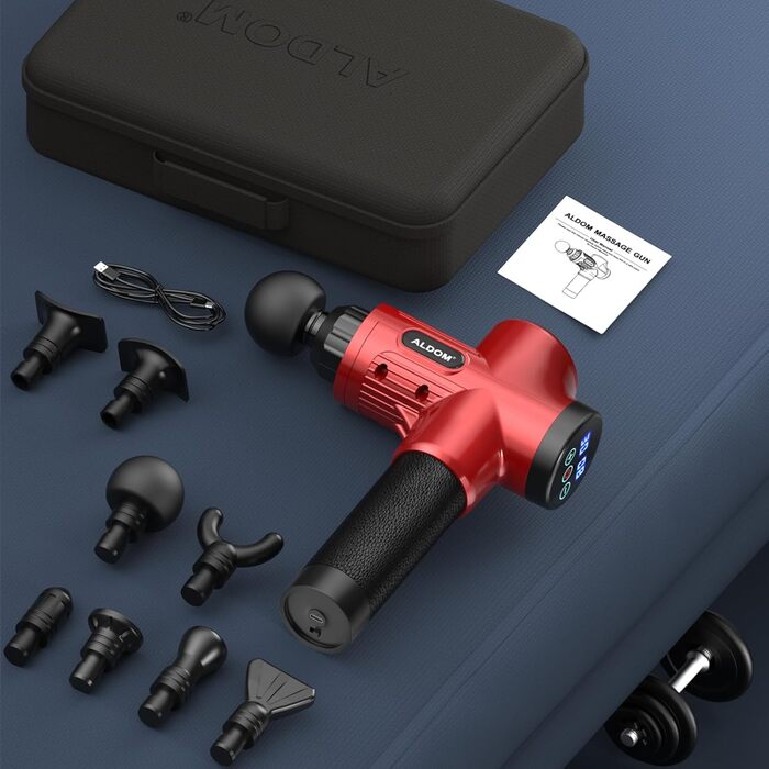 ALDOM Massage Gun - Electric Muscle Massager with 30 Speed Settings & 8 Attachments - Red