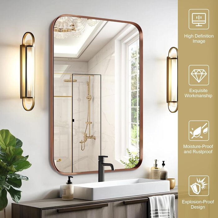 Дзеркало для ванної кімнати на стіну, титан, металевий каркас, з заокругленими кутами, прямокутне, 40,6 x 50,8 см