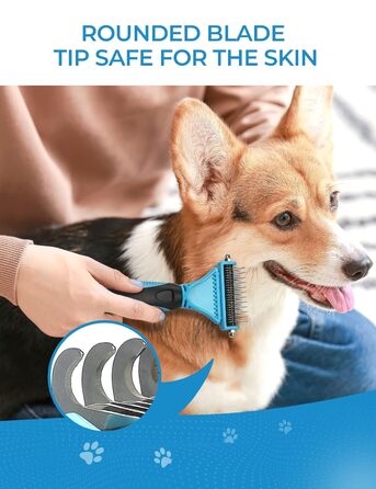 Щітка для собак та котів, гребінець для тварин з нержавіючої сталі 12+23 зубчики, двостороння для видалення шерсті та розплутування вузлів (Large, блакитний)