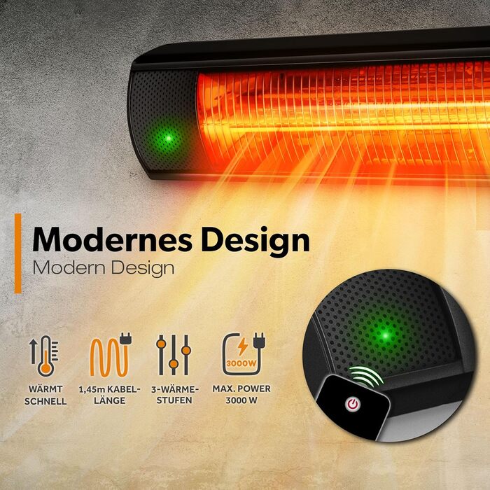 Інфрачервовий обігрівач TRESKO 3000W з пультом дистанційного керування | Тепловий струмінь для тераси, електричний, 3 режими | Обігрівач для тераси, внутрішній та зовнішній | Настінний інфрачервовий обігрівач, обігрівач для пеленального столику, чорний