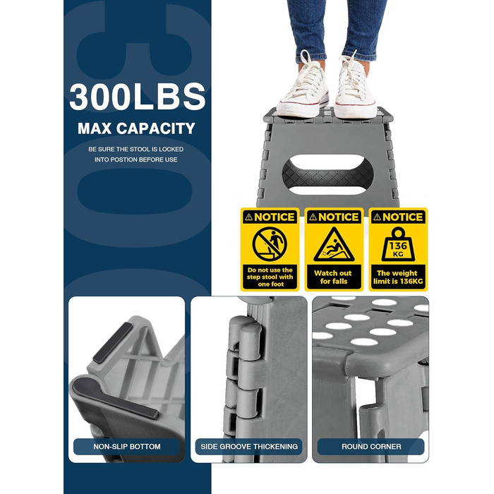 Складний табурет HOUSE DAY 27см чорний: міцний, з антиковзними ніжками та ручкою, для кухні, ванної, дитячої кімнати, кемпінгу (сірий)