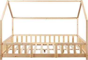 en.casa Kids Bed Sisimiut House Bed 140 x 200 cm with Side Rails Wooden Bed for Children Floor Bed Slatted Frame Pine Wood Wood Finish Wood 140x200cm