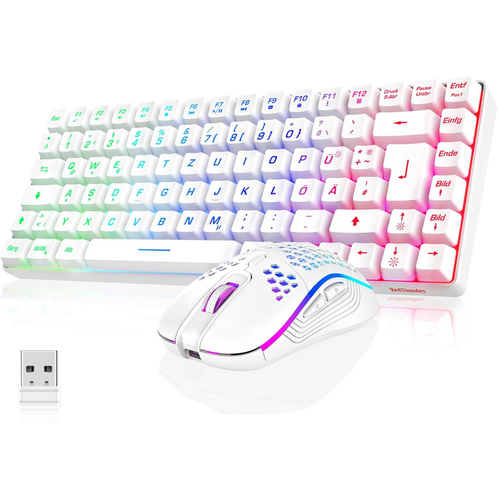 RedThunder Бездротовий Ігровий Набір Клавіатури та Миші, DE TKL Розкладка, 85 Клавіш, Перезаряджувана, Компактна, 7200DPI, для PC, Mac, PS5, Xbox (Біло-Чорний)