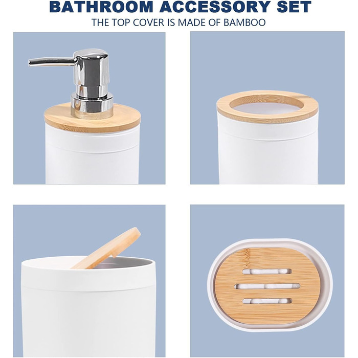 Набір для ванної кімнати MissFox 6 предметів: мильниця, дозатор миючого засобу, сміттєвий бак, тримач для зубних щіток, бачок для води, точилка для унітазу, бамбук, білий