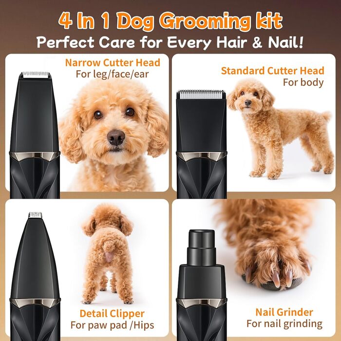 Набір для стрижки собак 4 в 1 Ninonly: тиха, акумуляторна машинка для собак та котів з 4 насадками для тіла, лап, очей та вух. Тример для лап. Чорний колір.