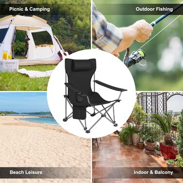 Набір кемпінгових стільців WOLTU 2 шт. зі спинкою та підставкою для ніг, пляжний стілець-трансформер з підсклянником та сумкою для зберігання, для кемпінгу, риболовлі, відпочинку (Чорний)