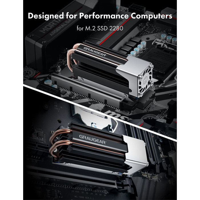 Охолоджувач SSD M.2 NVMe 2280 GrauGear з вентилятором PWM, тепловою трубою та термопадом