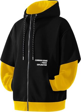 Чоловіча толстовка з капюшоном RUIZEHONG з блискавкою, спортивна куртка, блоковий колір, повсякденний стиль, з кишенями, біло-чорна (чорно-жовта, L)