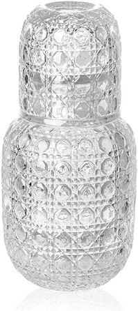 Vintage Water Carafe, Nightstand Water Carafe and Glass Set, Carafe with Glass Beaker for Nightstand, Thick Glass Mouthwash Decanter for Bedroom, Guest Room, Bathroom, Kitchen, 440ml (Transparent)