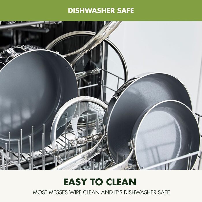 Набір посуду GreenPan Valencia Pro Tri-Ply з нержавіючої сталі, 10 предметів: каструлі та сковороди з керамічним антипригарним покриттям без PFAS та PFOA, багатошарове дно, сумісний з індукцією, безпечний для миття в посудомийній машині, духовці та грилі