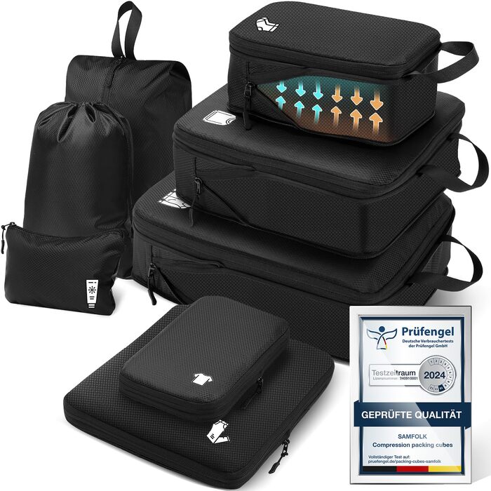 Набір кубиків-органайзерів для валізи (8 шт.) - кубики для подорожей, компресійні мішки, водонепроникні, чорні