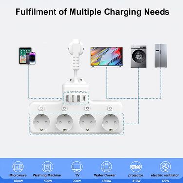 Мережевий фільтр з USB, 4 розетки з індивідуальним вимикачем, 3 USB та 1 Type-C (5V 3.4A) для кухні, вітальні, спальні, офісу