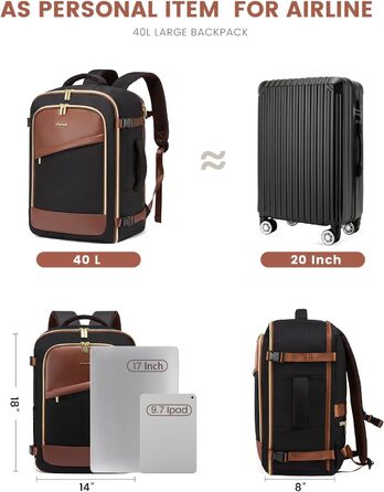 LOVEVOOK Рюкзак ручної поклажі 40L, жіночий водонепроникний рюкзак для подорожей з відділенням для взуття, рюкзак для ноутбука (17.3 дюйми) для школи, роботи, подорожей (чорний+каштанового кольору)
