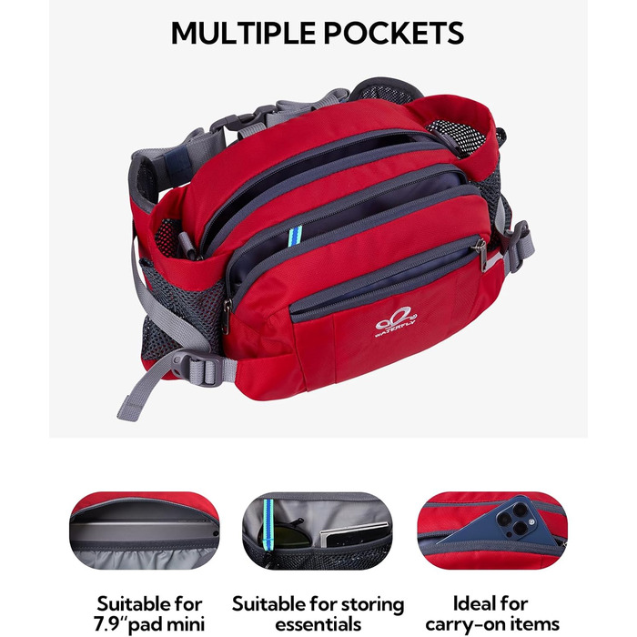 Водонепроникна поясна сумка Waterfly з тримачем для пляшки, регульованим ременем, кишенею для телефону та для прогулянок з собакою, для туризму, подорожей та кемпінгу (червона)