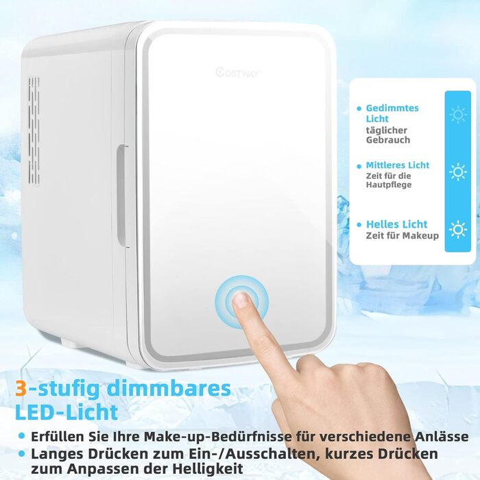 COSTWAY 10L Skincare Fridge - Mini Glass Door Fridge with Touch Screen Mirror & Cooling/Heating for Beauty & Cosmetics