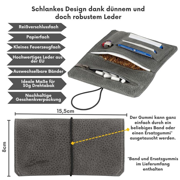 Simaru Personalized Leather Tobacco Pouch with Engraving for 30g Tobacco Bag, Genuine Leather Rolling Pouch incl. Filter Compartment and Sheets Holder (Dark Grey) (Dark Grey)