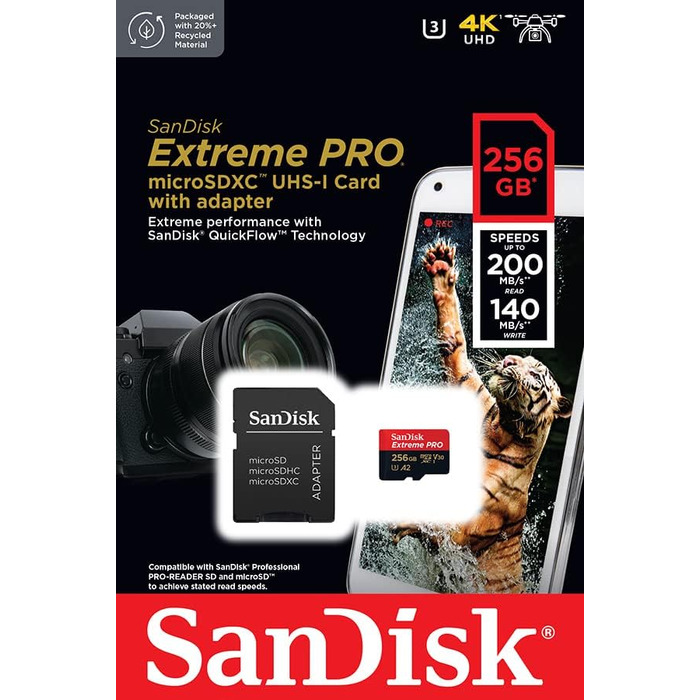 Карта пам'яті microSDXC SanDisk Extreme PRO 256 GB UHS-I U3 V30 A2 (200 MB/s) з адаптером та RescuePRO Deluxe для смартфонів, дронів та екшн-камер