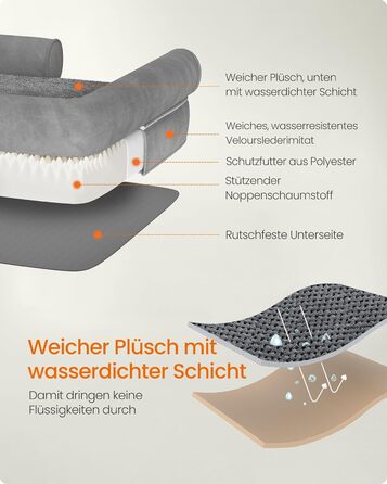 Ортопедичне ліжко для собак Feandrea, м'яке, з піднятими бортиками, 91 x 68 x 18 см, сірий колір, знімний чохол, неслизьке дно