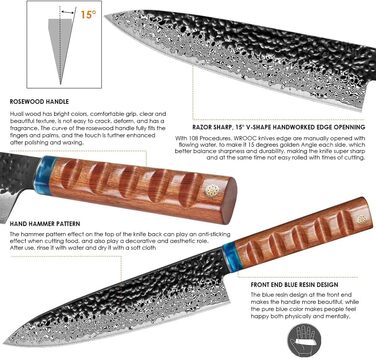 Японський ніж Kyushublade Nariki Messer 18,5 см: професійний кухонний ніж з 67 шарів дамасткової сталі, для дому та ресторану