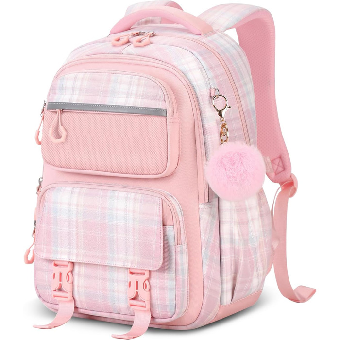 Шкільний рюкзак Tanou для дівчаток, ергономічний, великий, рожевий, з принтом в клітинку