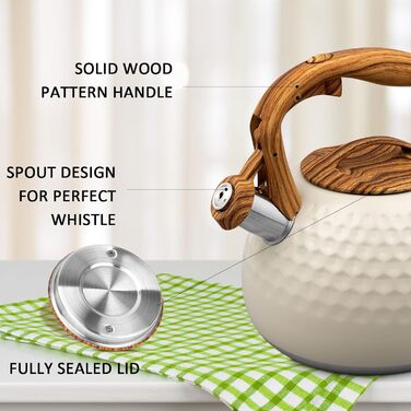 Чайник для плити, 3 л, нержавіюча сталь, з ручкою з деревом, чайник-свисток для індукційних, газових та електричних плит (білий)