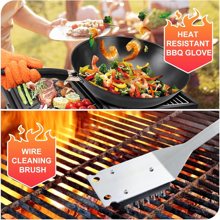 Набір аксесуарів для гриля з нержавіючої сталі, 28 предметів. Ідеальний для відпочинку на природі, кемпінгу та як подарунок на День батька, День народження або Різдво. З кейсом для зберігання.