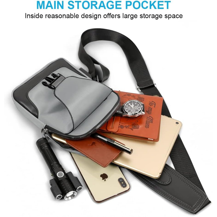 Чоловіча нагрудна сумка Brusttasche, Crossbody з USB-зарядкою, Оксфорд, водонепроникна, для спорту, роботи, подорожей (#6 A-grau)