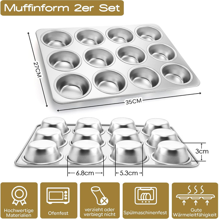 Joyfair Muffin Tin 2-Piece Set, Stainless Steel Muffin Sheet for 12 Muffins, Muffin Baking Pans 35 x 27cm, Muffin Baking Pan for Cupcakes, Brownies, Pudding, Cake, Non-Toxic & Healthy, Oven & Dishwasher Safe