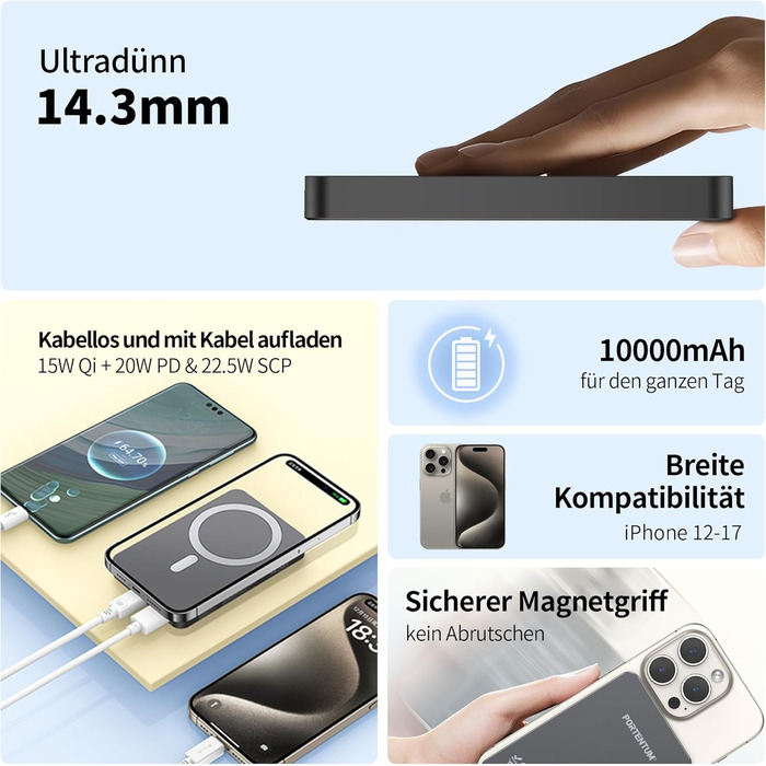 Портативний зарядний Power Bank Portentum MagSafe 10000 mAh: Швидка зарядка 22.5W, Qi 15W, USB-C, USB-A, Ultra-Slim 14mm для iPhone, Samsung, смартфонів, планшетів