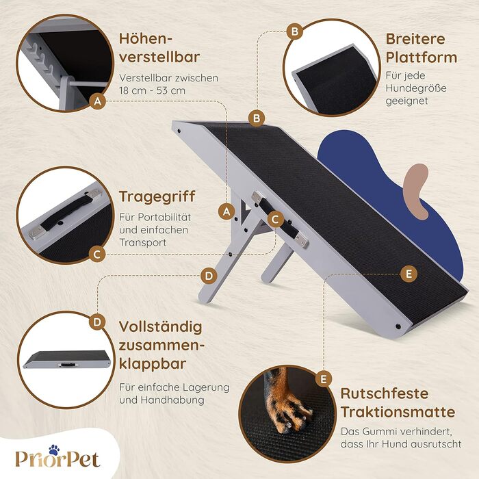 Рампа для собак Hunderampe - регульована, 18-53 см, для ліжка/софи, з берези, антиковзка, чорна/сіра
