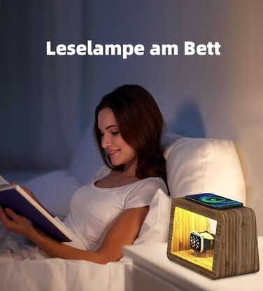 Багатофункціональна заряджна станція 5-в-1 з бездротовим зарядним пристроєм, світлодіодним нічником та годинником, бамбукова, сумісна з Apple Watch, AirPods, Samsung Galaxy та іншими пристроями