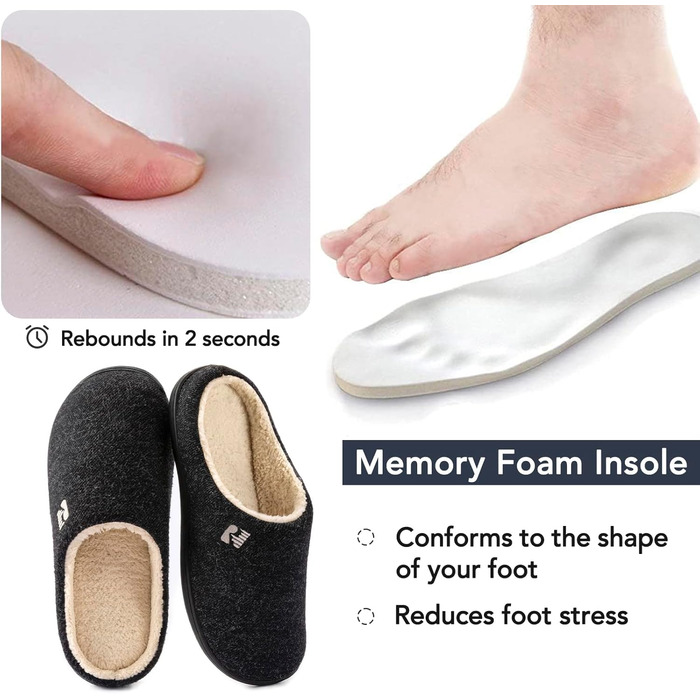 Чоловічі домашні капці RockDove з шерстяною підкладкою та піною Memory Foam, розмір 44-45 EU, чорні