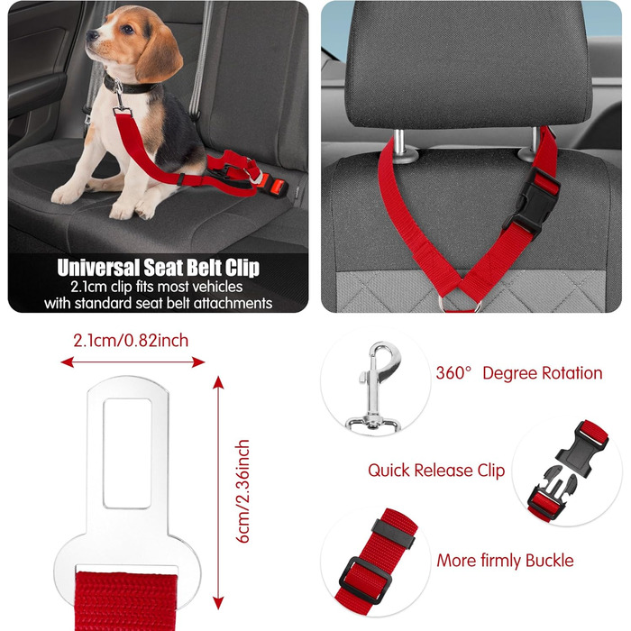 Автомобільний ремінь безпеки для собак, поводок для собак у машині, кріплення до підголівника, міцний поводок, шлейка для собак, котів та домашніх тварин (червоний)