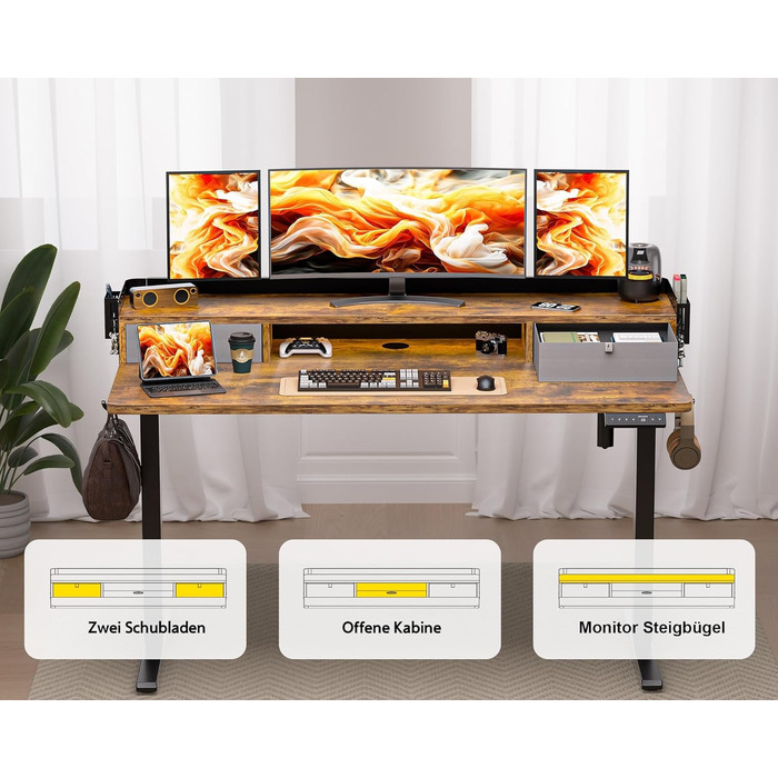 Electric Standing Desk with Drawers - 120x60cm Adjustable Height Desk for Home Office & DIY Pegboard