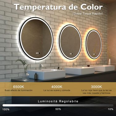 LED дзеркало з сенсором, круглий, індукційне, для макіяжу, з підсвічуванням, регульоване, антизапарник, IP44, вологостійке, настінне, 60 см