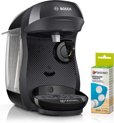 Кавомашина Tassimo Happy TAS1002N від Bosch: понад 70 напоїв, автоматична, для будь-яких чашок, компактна, 1400 Вт, антрацит (чорний). Включає декальцинатор.