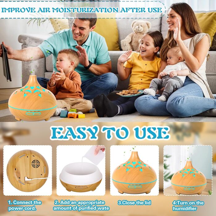 Аромадифузор 550 мл для ефірних олій, ультразвуковий зволожувач повітря, пульт дистанційного керування, 4 таймери, 7 кольорів, автовимкнення, дифузор для ефірних олій, аромалампа для спа, офісу, спальні