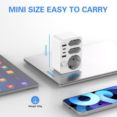 Мережевий адаптер з USB, 4 USB порти (2xA + C), 3.4A, LED, вимикач, компактний для дому та подорожей