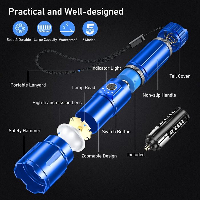 Ліхтарик Blukar LED акумуляторний, надзвичайно яскравий, з регулюванням фокусу, 5 режимів, водонепроникний IP67, для кемпінгу, туризму, риболовлі та надзвичайних ситуацій (Блакитний)