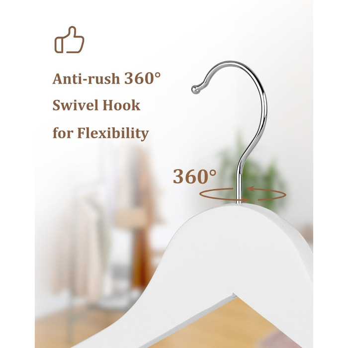 Дерев'яні вішалки для одягу AMKUFO, 20 шт., з антиковзким покриттям, обертовий гачок 360°, для джинсів, штанів, курток, сорочок, суконь, натуральне дерево (Білий/Розкішний сад)